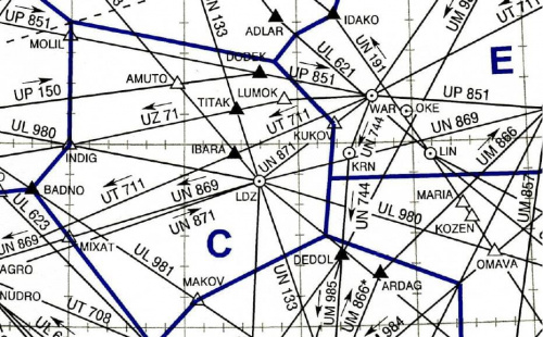 Układ korytarzy powietrznych nad woj. łódzkim.