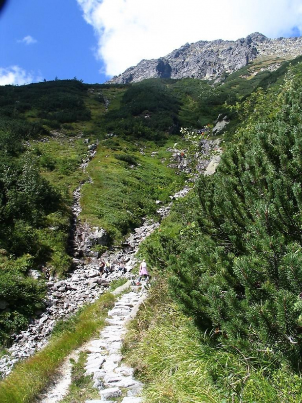 szeroki żleb, a nad nim kleszonkowe turnie