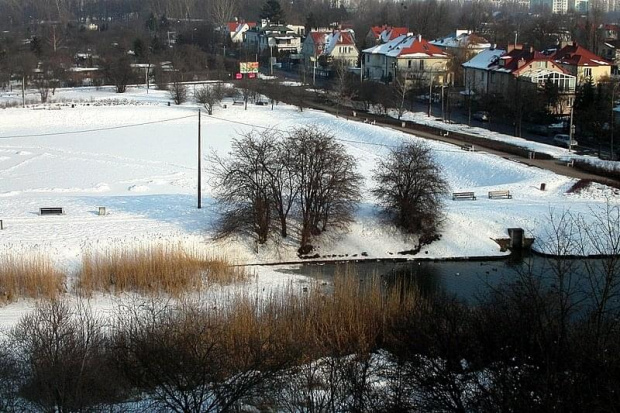 widok z tarasu na zimową Warszawę i zamarznięte stawy